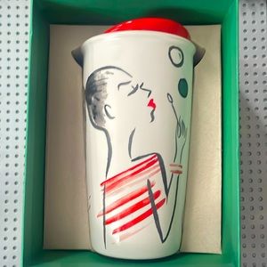 Starbucks 2015 Girl Blowing Bubbles 12oz White Ceramic Travel Tumbler Mug & Top